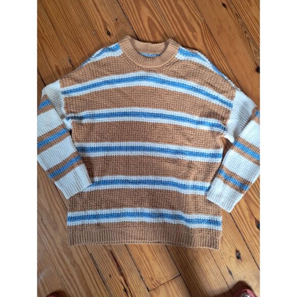 American Eagle Sweater S Striped Tan Blue White Waffle Knit Crew Neck Pullover - Picture 2 of 3